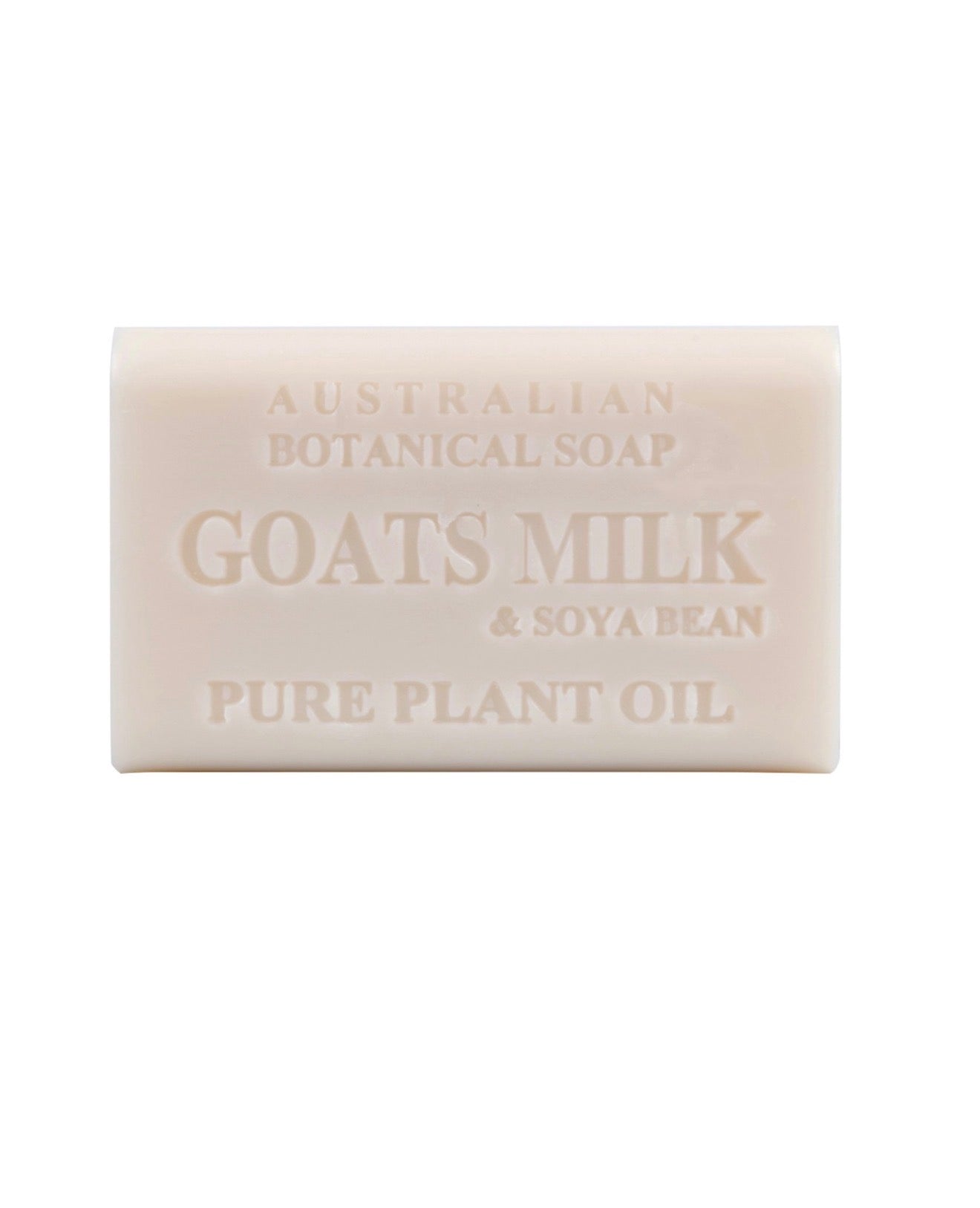 A rectangular bar of Australian Botanical Soap made from goats milk and soya bean with pure plant oil, shown on a plain white background.