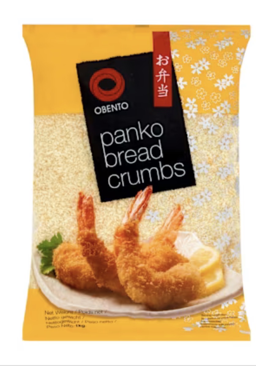 A 14kg bag of Obento Panko Bread Crumbs, featuring a bright yellow and white bag with a black brand label and an image of golden-brown shrimp tempura on the front.