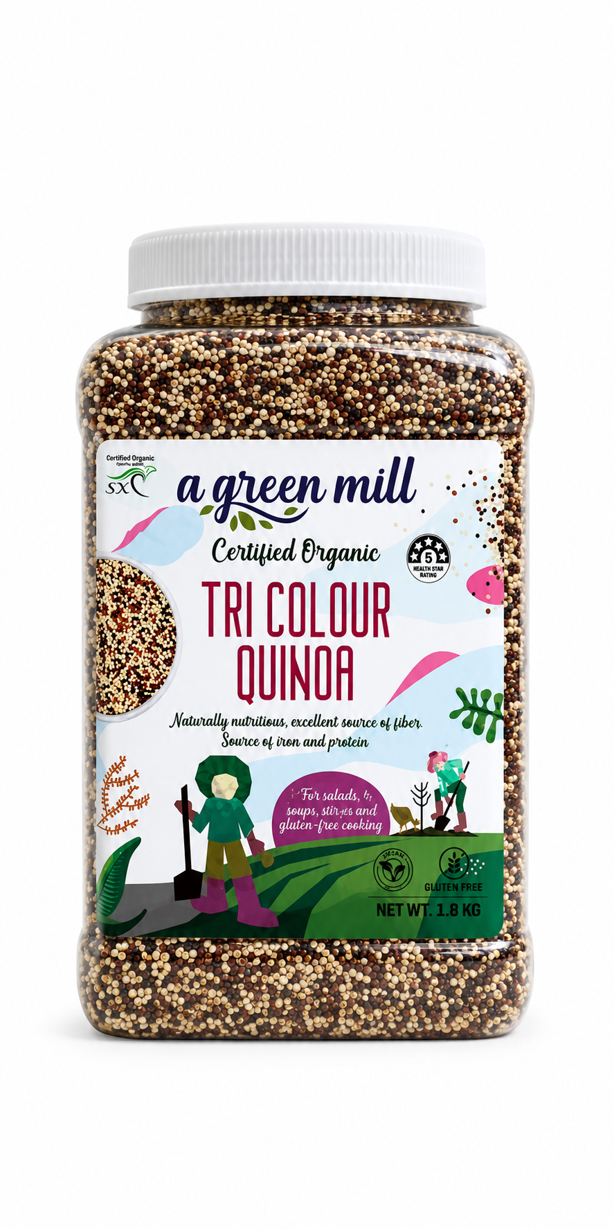 A Green Mill Certified Organic Tri Colour Quinoa 1.8kg plastic jar