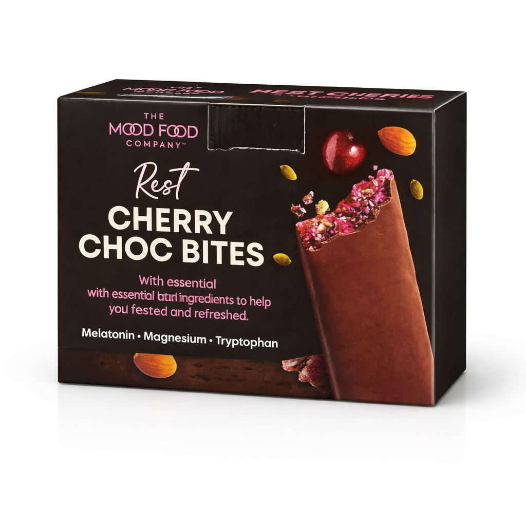 Mood Food Cherry Choc Bites chocolate snack with cherry pieces and sleep support ingredients