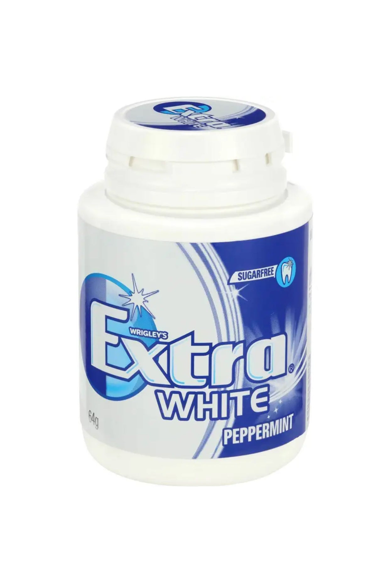 WRIGLEY'S EXTRA WHITE
PEPPERMINT SUGARFREE GUM
6 X 64G BOTTLE