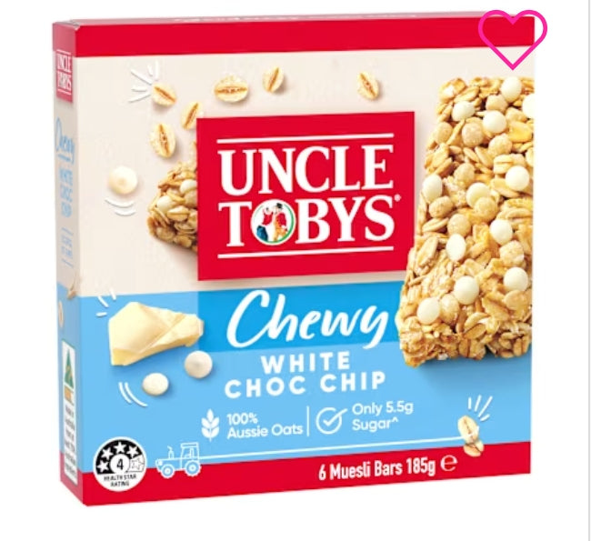 Uncle Tobys Muesli Bar
White Choc Chip Muesli Bar
10x185g