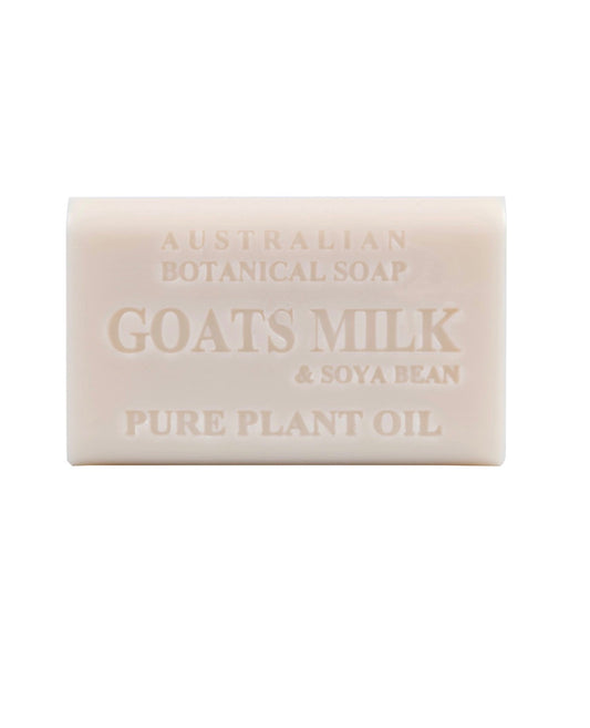 A rectangular bar of Australian Botanical Soap made from goats milk and soya bean with pure plant oil, shown on a plain white background.