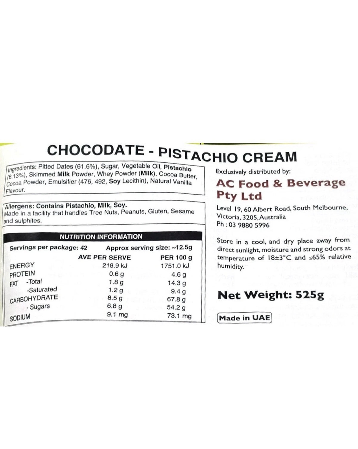 Dubai Chocodate Chocolate Date Pistachio Cream Dates 525g Individual Wrapped