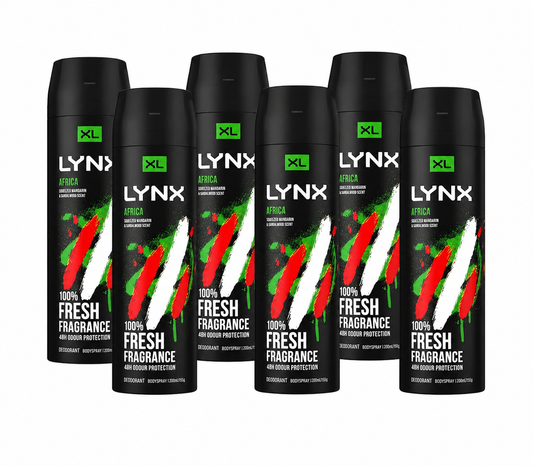 Lynx Africa Body Spray XL 200ml deodorant body spray 6 pack on white background