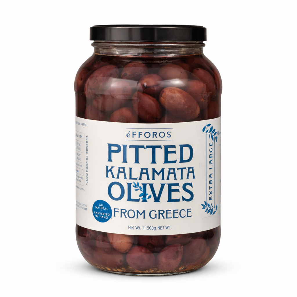 Efforos pitted Kalamata olives jar Greek olives on white background