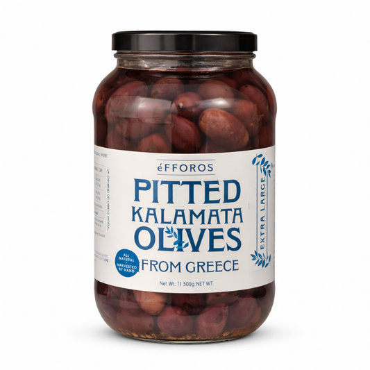 Efforos pitted Kalamata olives jar Greek olives on white background