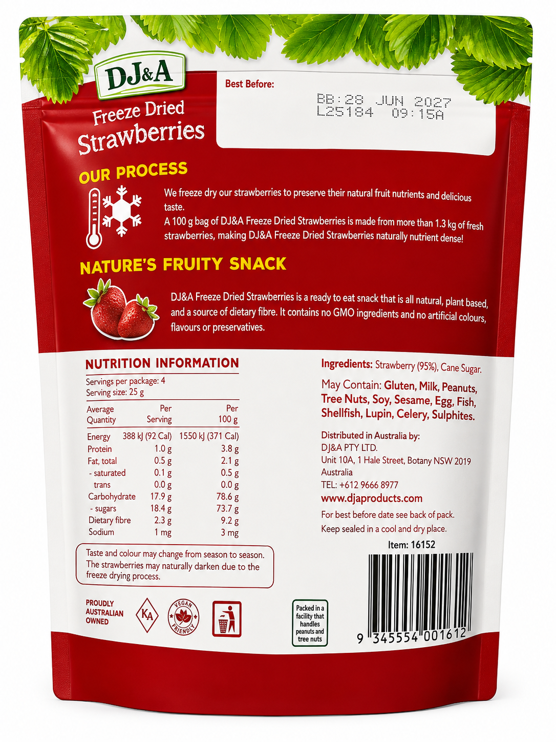 DJ&A Freeze Dried Strawberries 100g All Natural Plant Based Snack