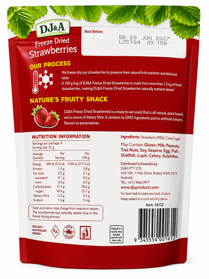 DJ&A Freeze Dried Strawberries 100g All Natural Plant Based Snack