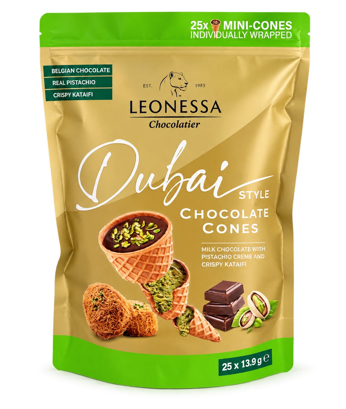 Leonessa Dubai Style Pistachio Chocolate Cones 25 Pack