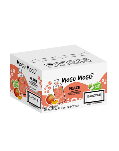 A 12-pack cardboard box of Mogu Mogu Peach flavor bottled drinks, featuring illustrations of peach slices, a bottle, and a barcode label on a white background.