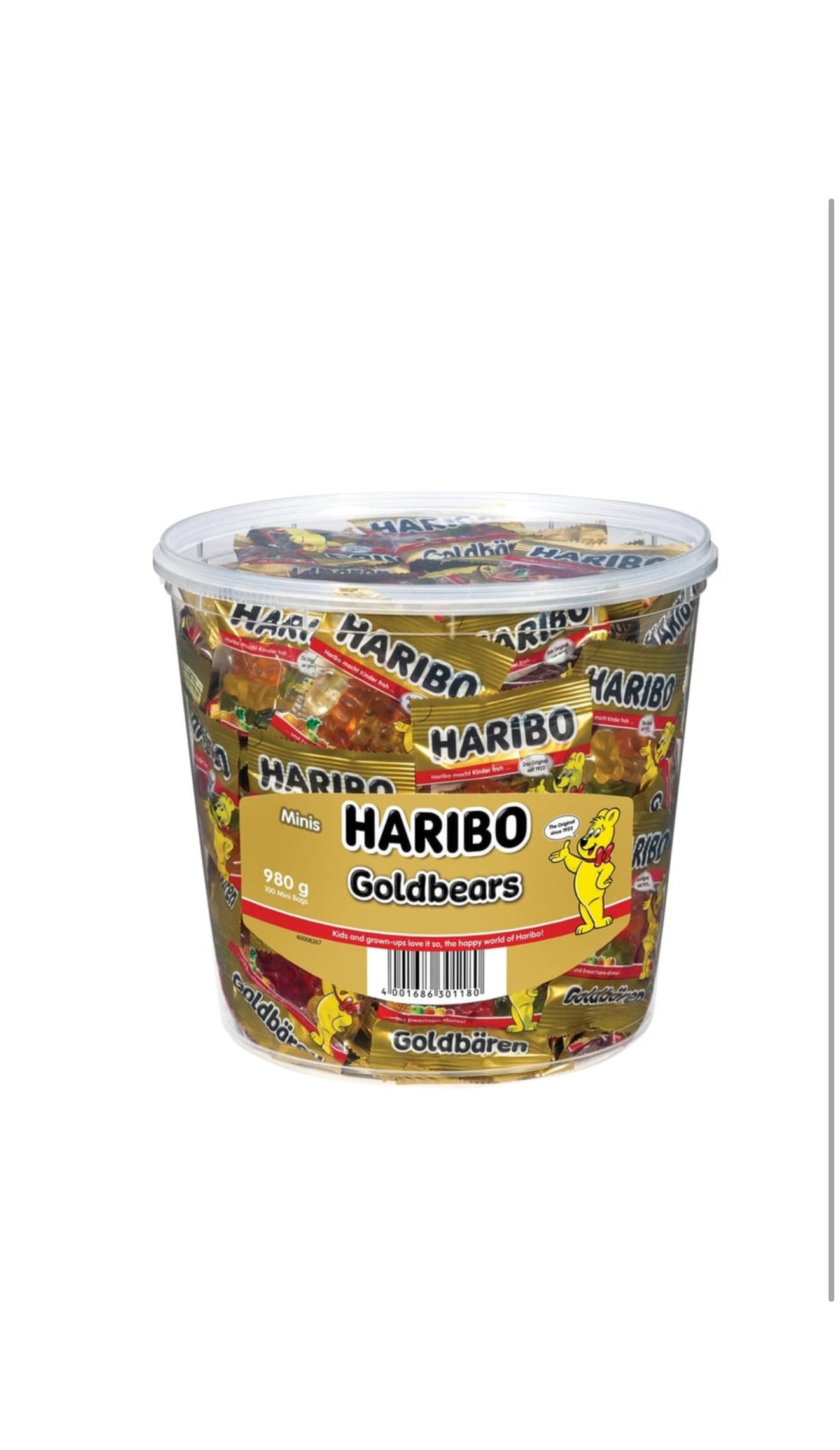 Haribo Gold Bears 100 Mini Bags
Gummies Tub 980 g