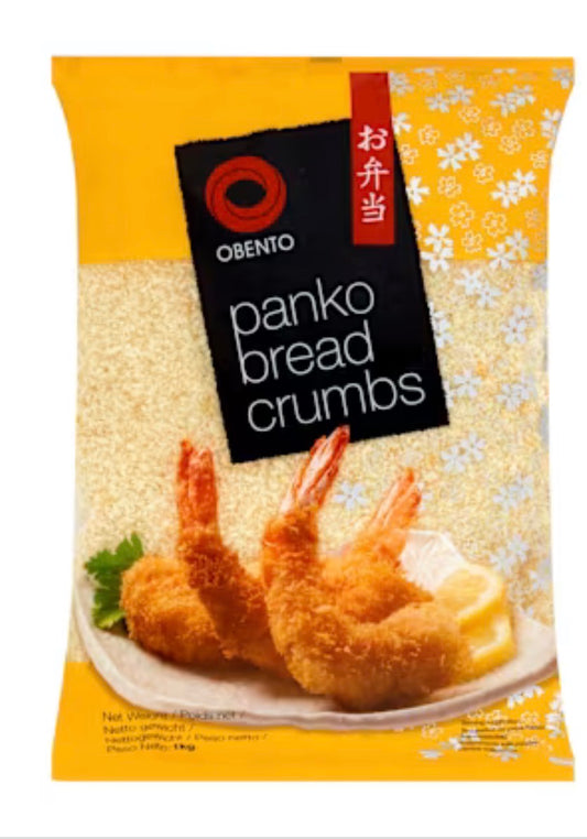 A 14kg bag of Obento Panko Bread Crumbs, featuring a bright yellow and white bag with a black brand label and an image of golden-brown shrimp tempura on the front.