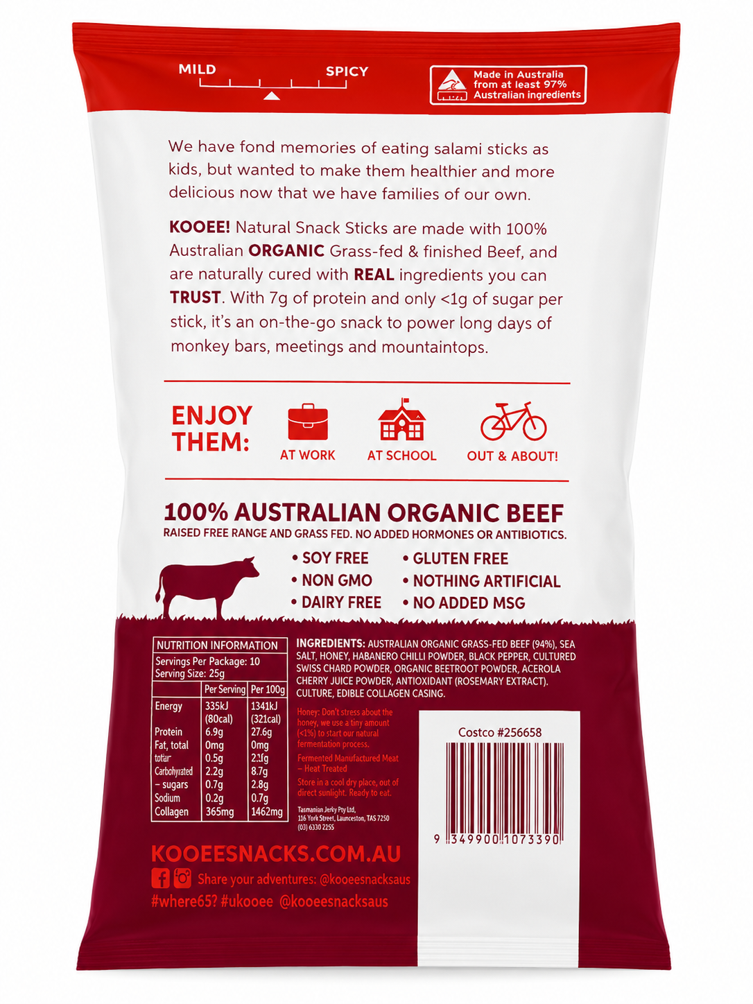 KOOEE Organic Beef Snack Sticks Spicy 10 Pack 250g High Protein