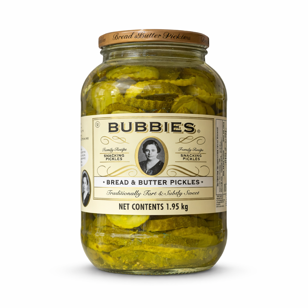 Bubbies bread and butter pickles jar sliced sweet pickles on white background