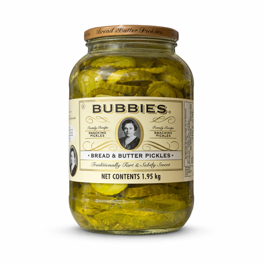 Bubbies bread and butter pickles jar sliced sweet pickles on white background