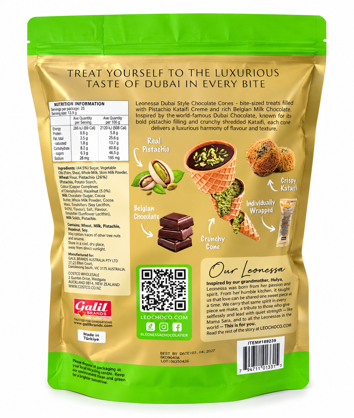 Leonessa Dubai Style Pistachio Chocolate Cones 25 Pack