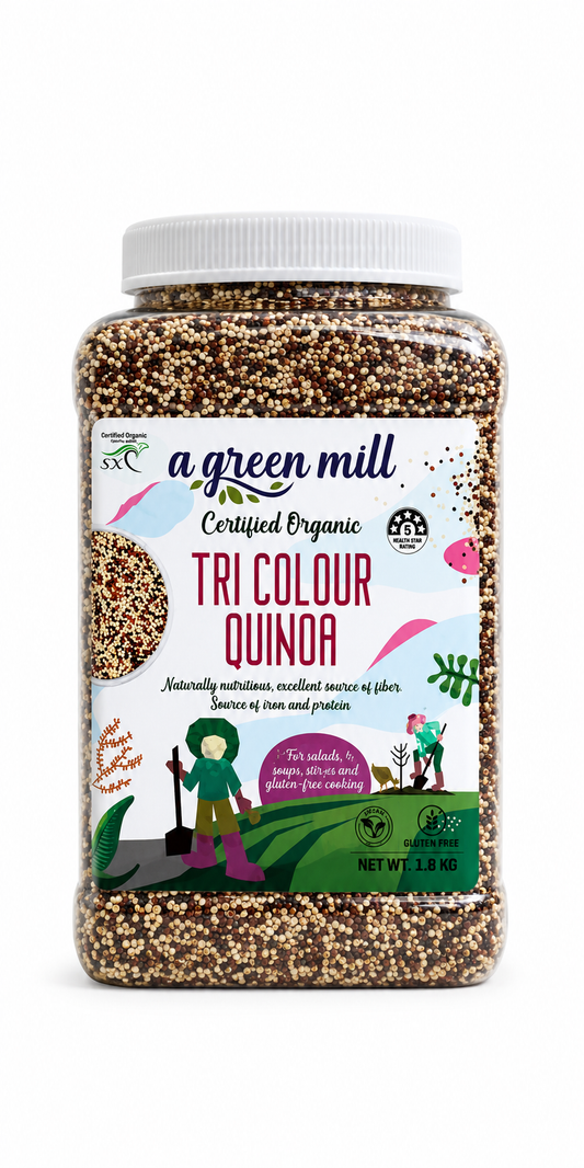 A Green Mill Certified Organic Tri Colour Quinoa 1.8kg plastic jar