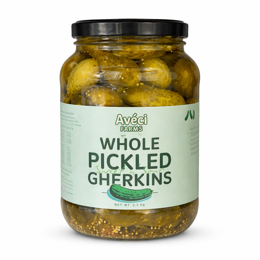 Aveci Farms whole pickled gherkins jar on white background
