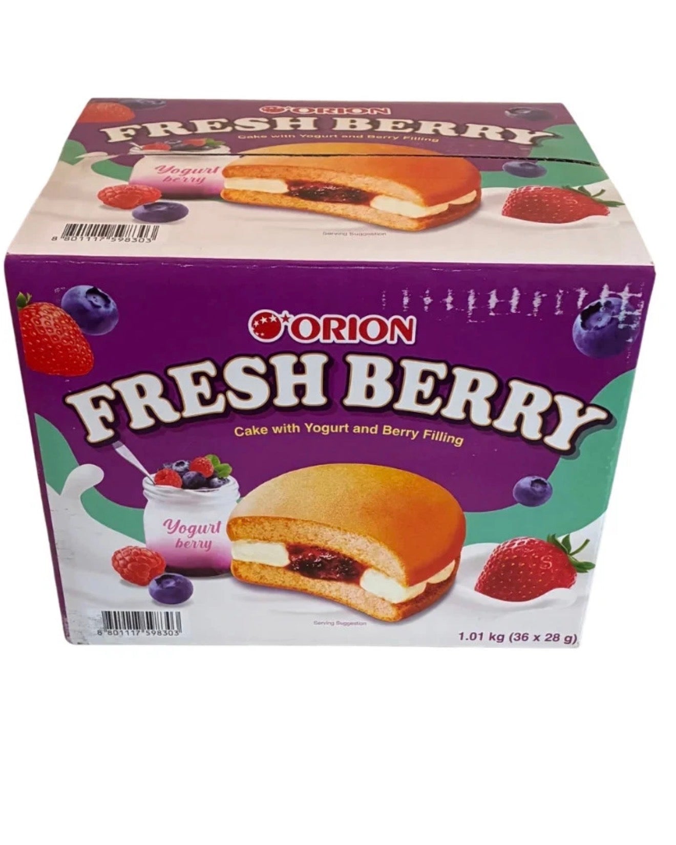 A box of Orion Fresh Berry Cake with Yogurt and Berry Filling, featuring a purple and white design with illustrations of strawberries, blueberries, and a berry-topped cake slice.