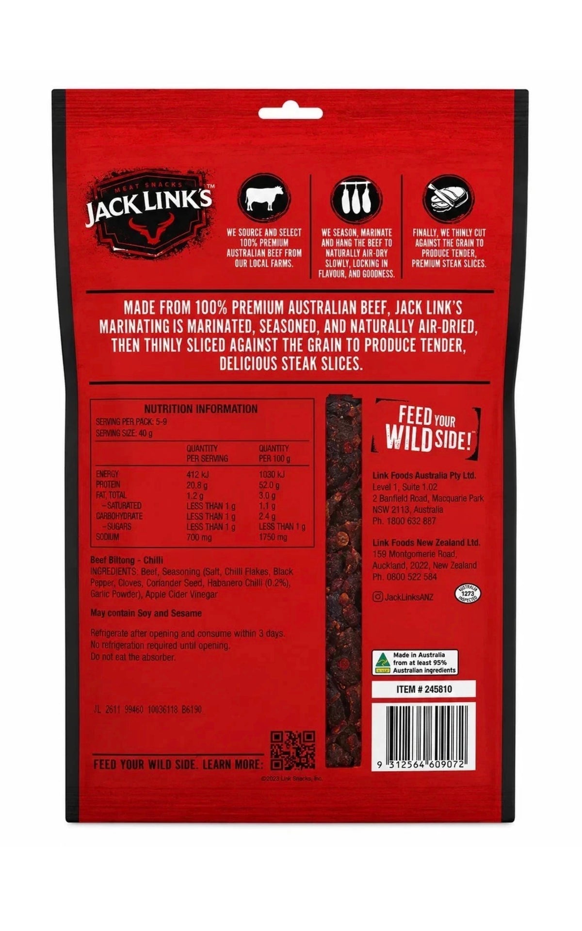 JACK LINK'S Chilli BEEF BILTONG AIR DRIED STEAK SLICES 235gm