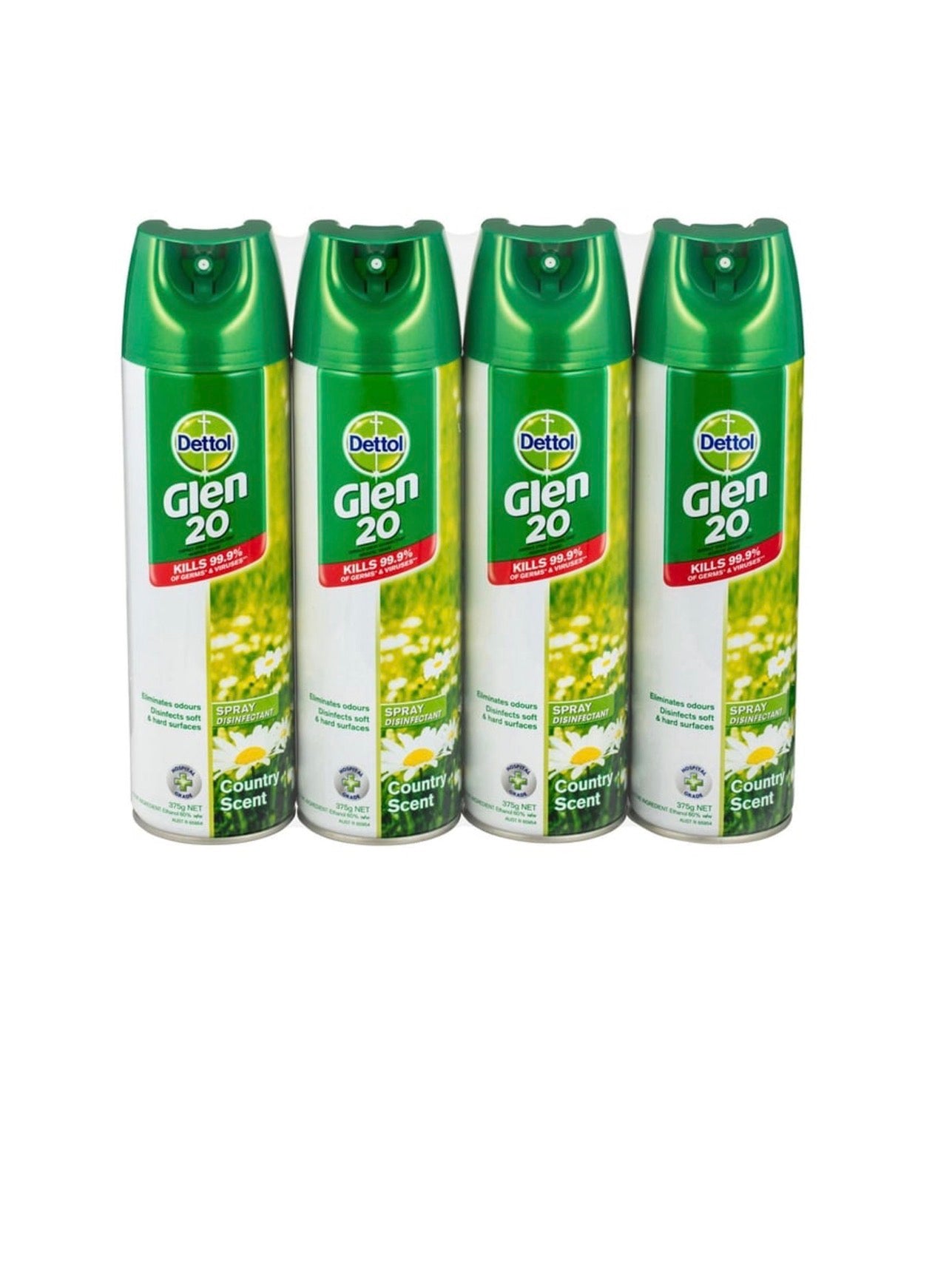 Four aerosol spray cans of Dettol Glen 20 Pollen Free spray with a green cap and white/green label, arranged in a row on a white background.