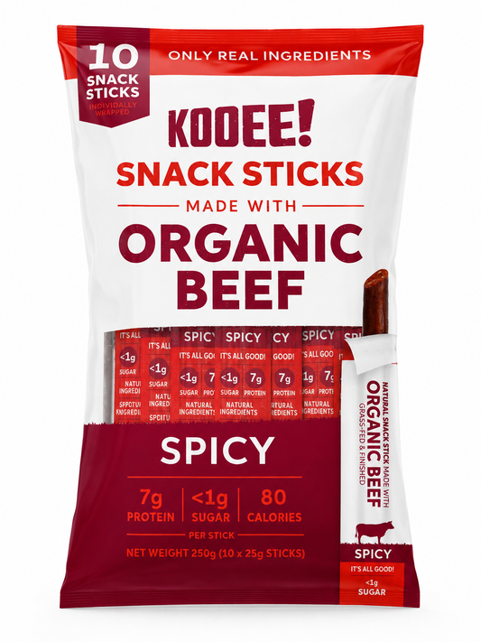 KOOEE Organic Beef Snack Sticks Spicy 10 Pack 250g High Protein