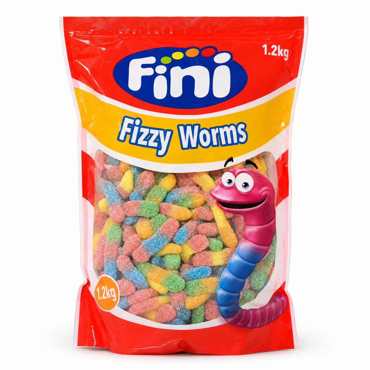A 1.2kg bag of Fini Fizzy Worms candy, featuring a red and yellow bag with a clear window showing the colorful, sugar-coated worm-shaped gummies inside.