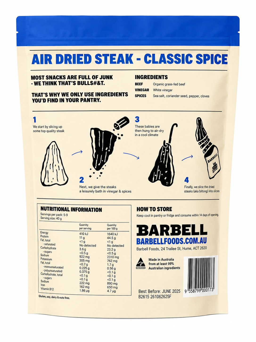 Barbell Air Dried Steak Classic Spice Organic Grass-Fed Beef 375g