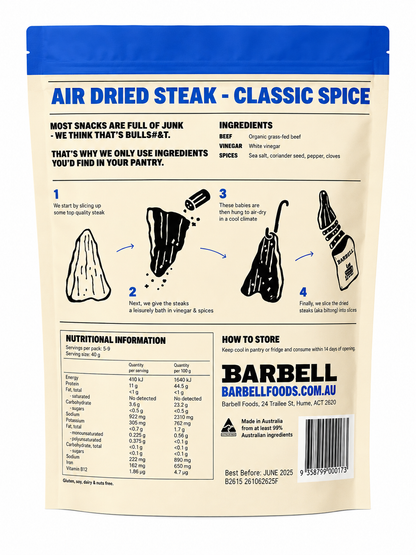 Barbell Air Dried Steak Classic Spice Organic Grass-Fed Beef 375g