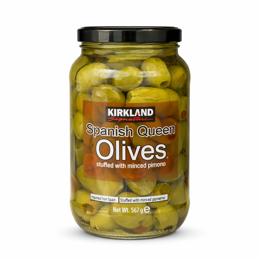 Kirkland Spanish Queen olives stuffed with pimento jar on white background