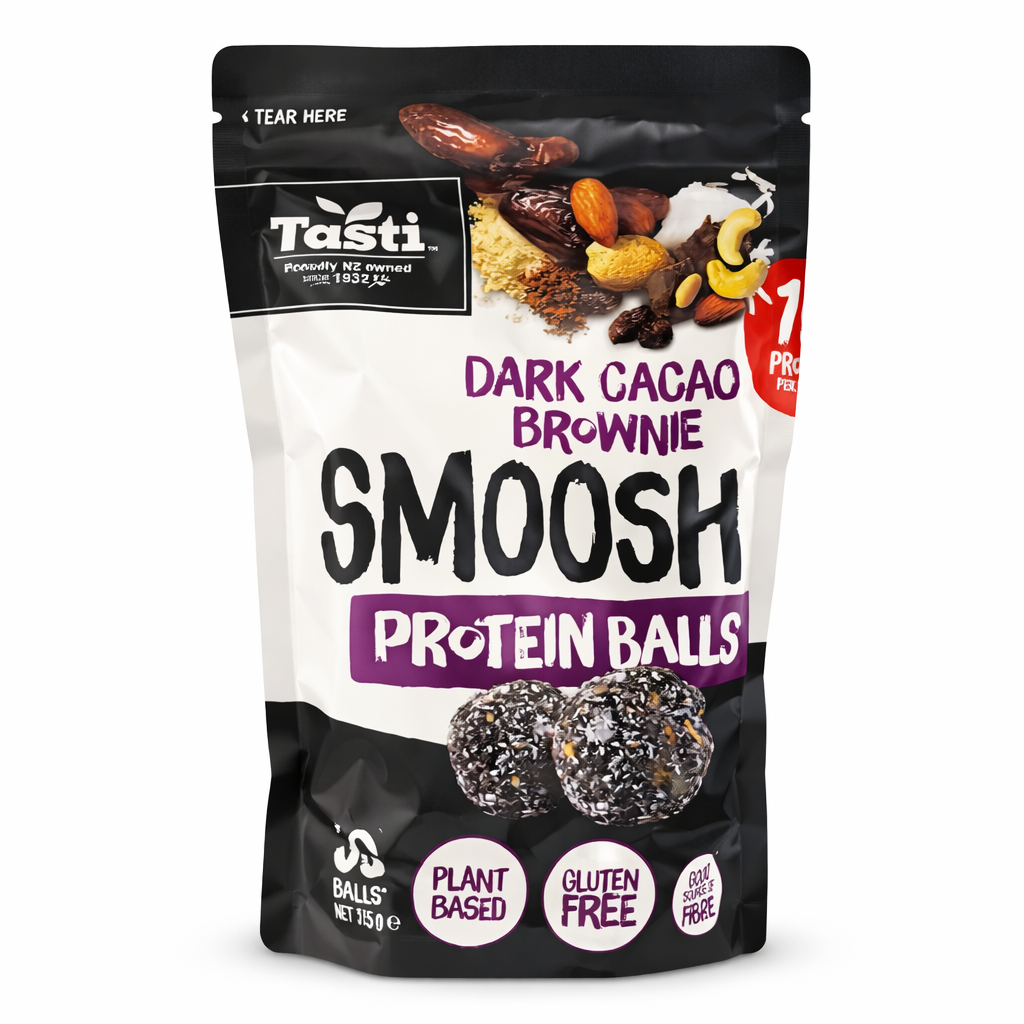 Tasti Smoosh dark cacao brownie protein balls plant based gluten free snack pouch