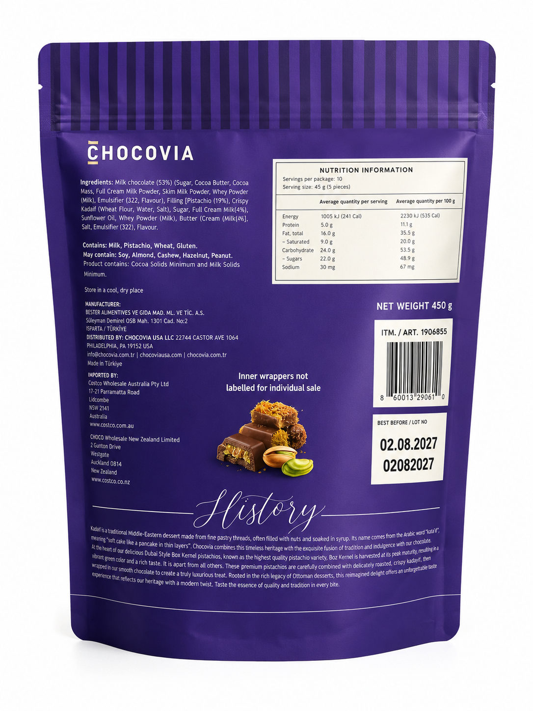 Chocovia Dubai Style Chocolate with Pistachio & Kadayif 450g