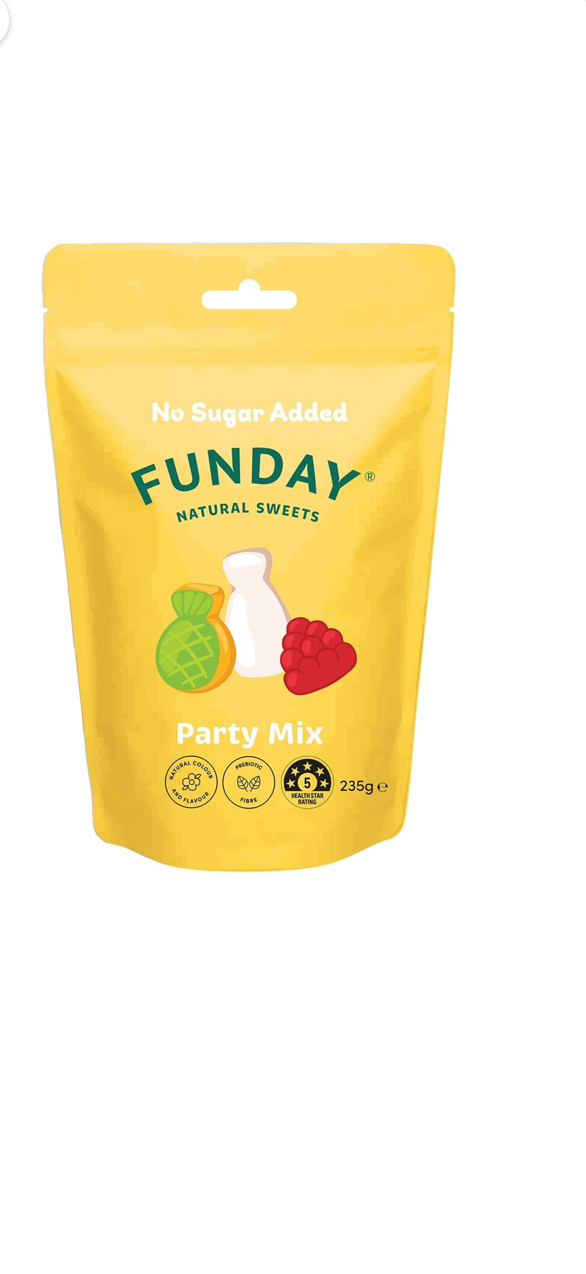 A yellow stand-up pouch of Funday Natural Sweets Party Mix on a white background, with the Funday logo and illustrations of gummy candies visible on the front.