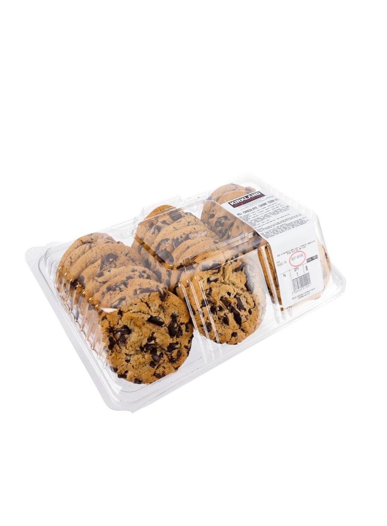 A clear plastic clamshell package containing six chocolate chip cookies, photographed on a plain white background.