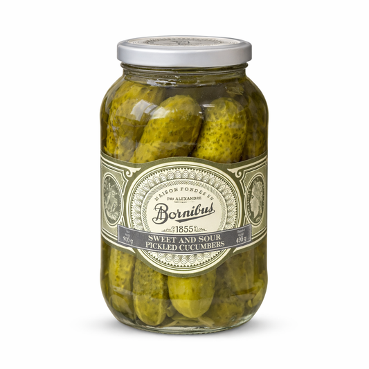 Bornibus sweet and sour pickled cucumbers jar on white background