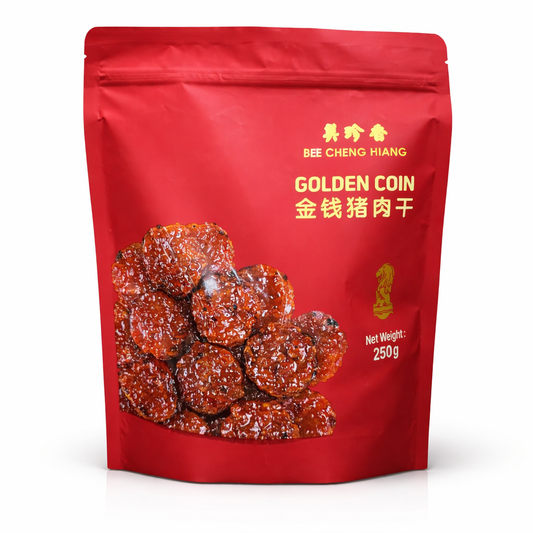 Bee Cheng Hiang Golden Coin Bakkwa pork jerky slices in red pack 250g