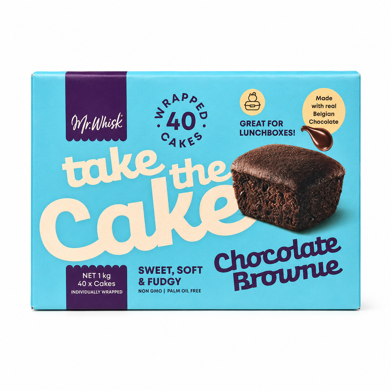 A box of Mr. Whisk 'Take the Cake' Chocolate Brownie, containing 40 individually wrapped cakes.