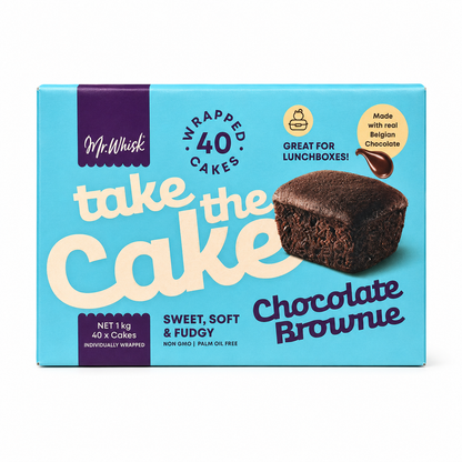 A box of Mr. Whisk 'Take the Cake' Chocolate Brownie, containing 40 individually wrapped cakes.