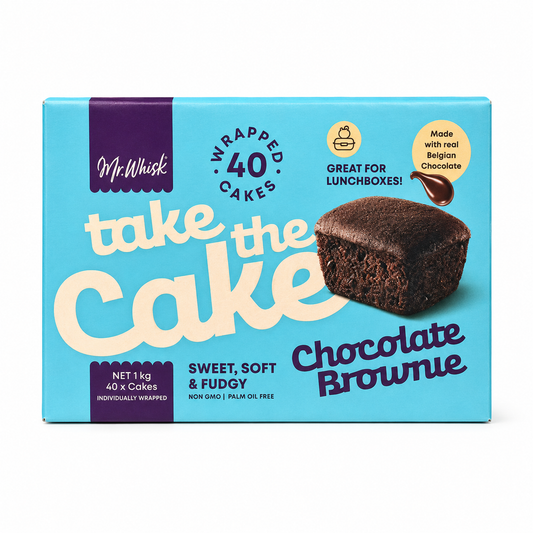 A box of Mr. Whisk 'Take the Cake' Chocolate Brownie, containing 40 individually wrapped cakes.