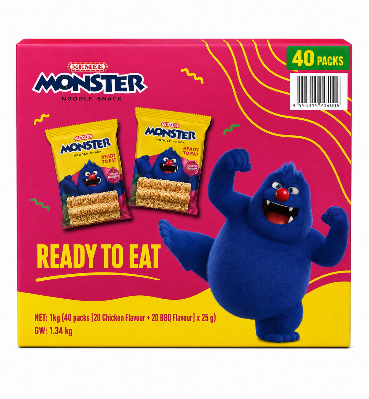 Mamee Monster Ready to Eat Noodle Snack 40 Pack 1kg assorted Chicken and BBQ flavours retail box