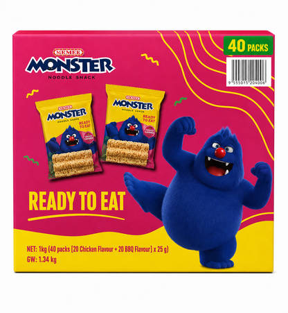 Mamee Monster Ready to Eat Noodle Snack 40 Pack 1kg assorted Chicken and BBQ flavours retail box