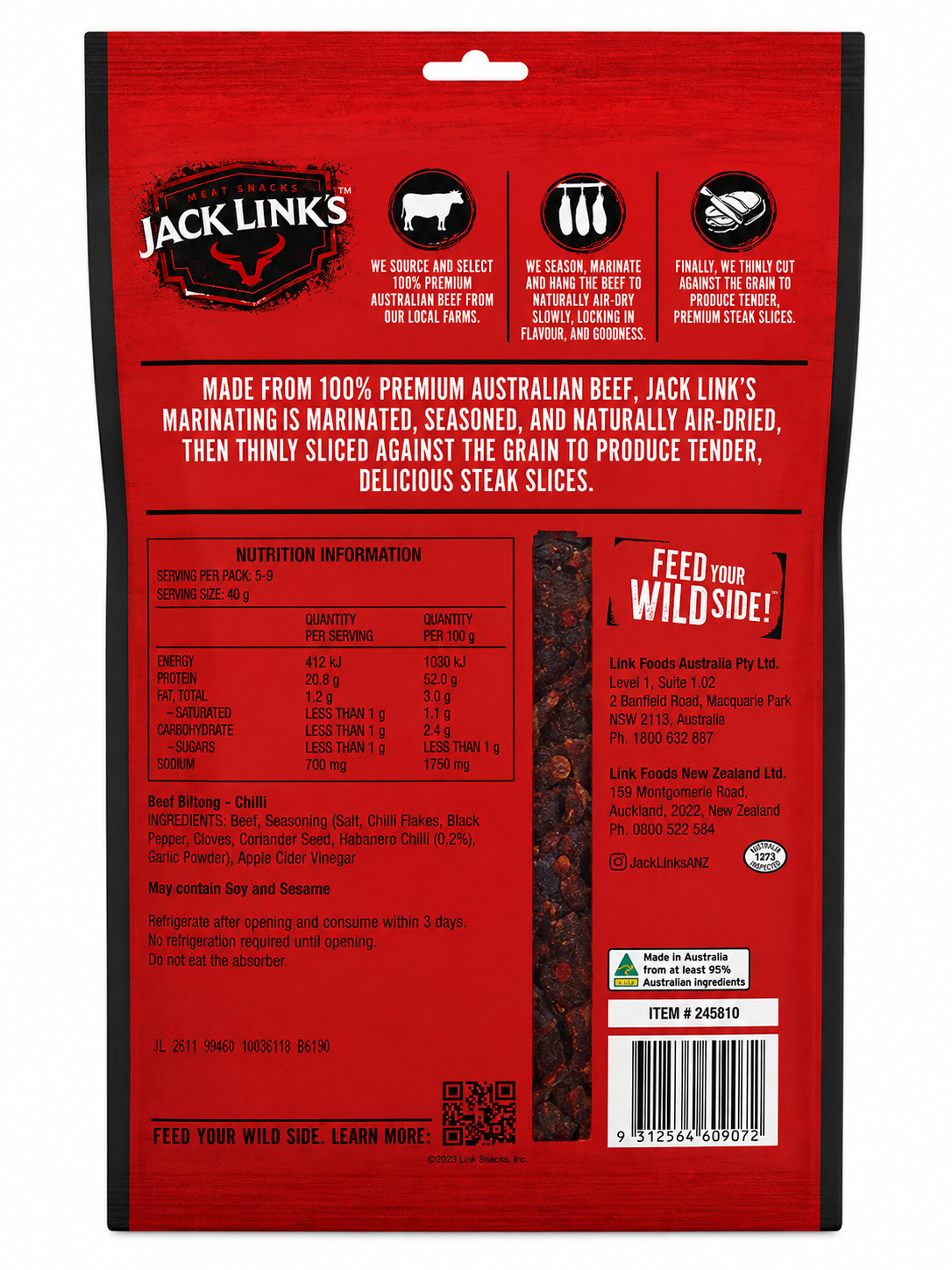 Jack Link's Chilli Beef Biltong Air Dried Steak Slices 235g