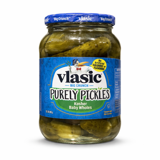 Vlasic Purely Pickles kosher baby whole pickles jar on white background