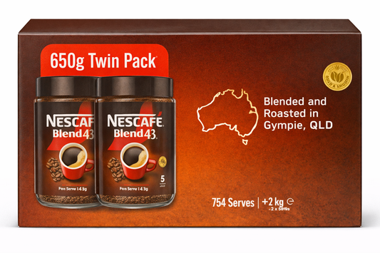 Nescafe Blend 43 instant coffee 650g twin pack jars on box packaging