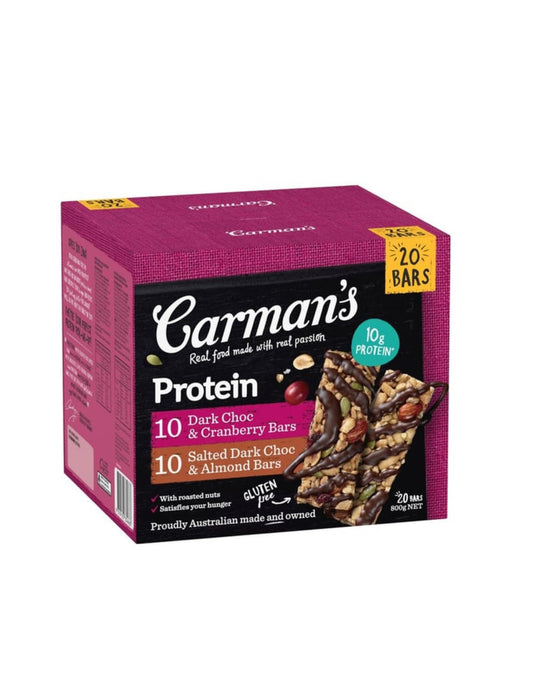 Carman's Dark Chocolate &
Cranberry & Salted Dark Chocolate
& Almond Protein Bars 20 pk