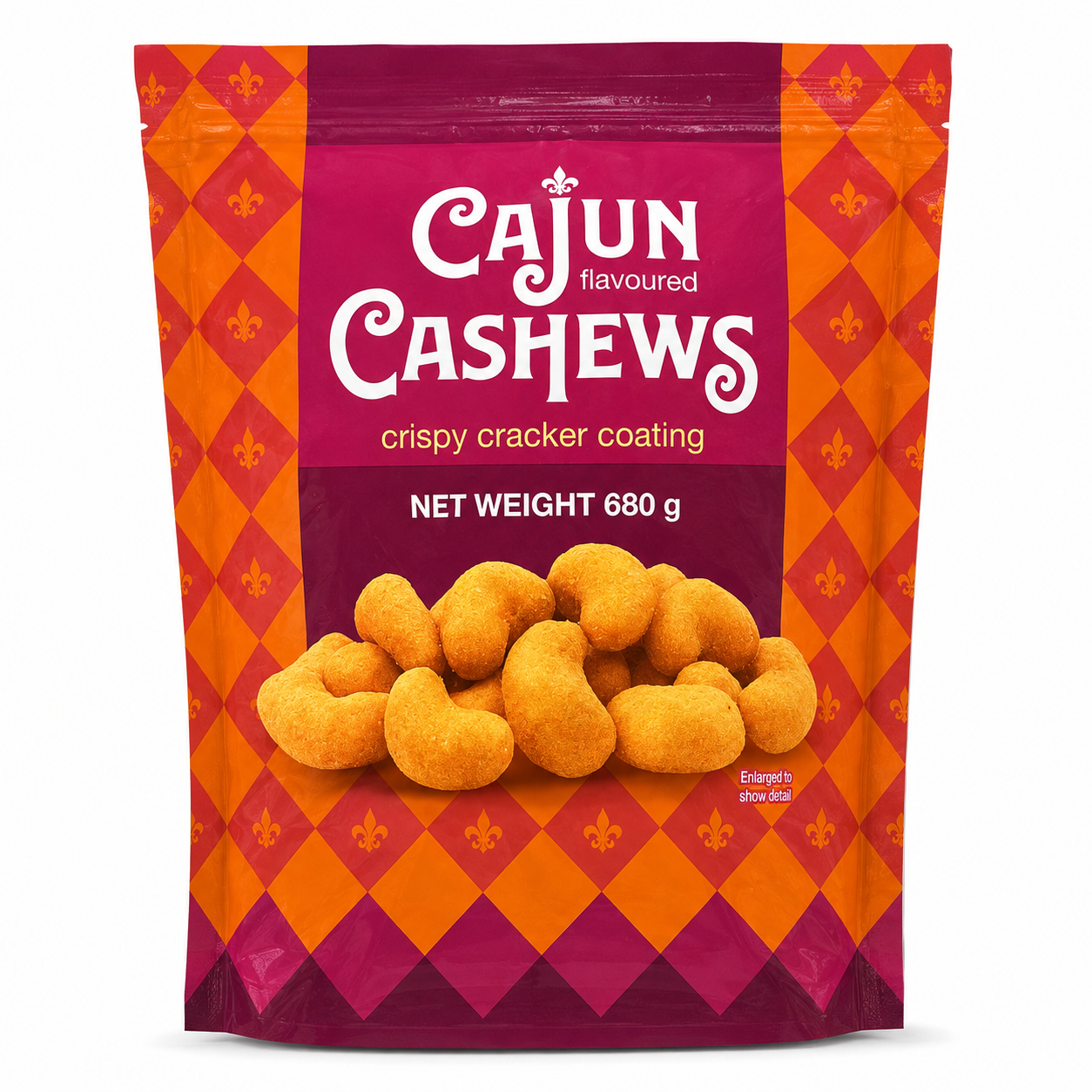 A 680 g bag of Cajun Flavoured Cashews crispy cracker coating, featuring a bright orange and magenta diamond-patterned design with an image of golden-brown cashews on the front.