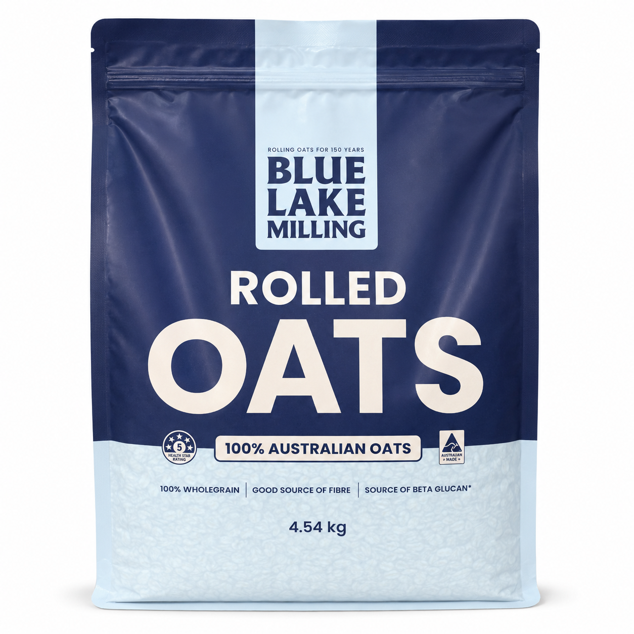 A 4.54 kg stand-up pouch of Blue Lake Milling Rolled Oats on a plain white background.