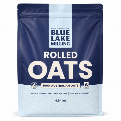 A 4.54 kg stand-up pouch of Blue Lake Milling Rolled Oats on a plain white background.