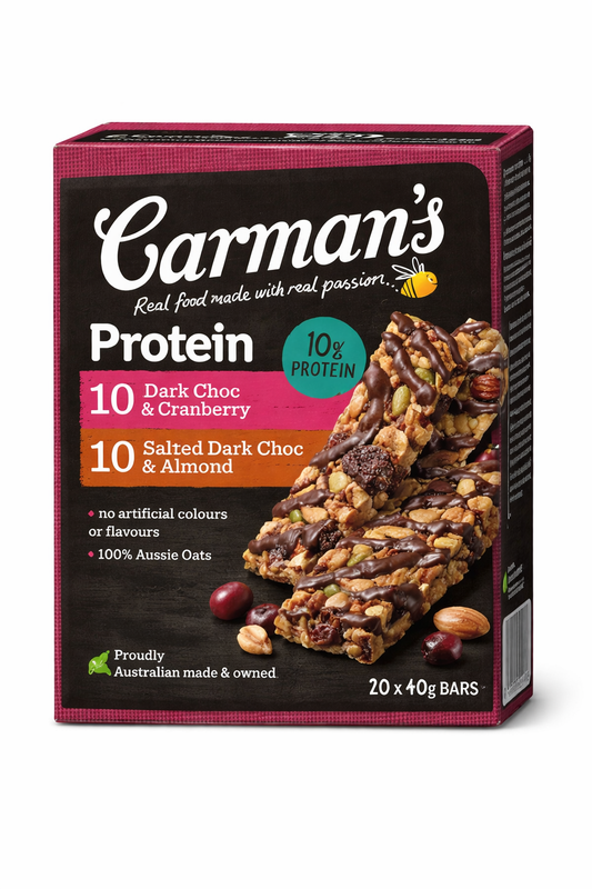 Carman’s Protein Bars Variety Pack 20 x 40g – Dark Choc Cranberry & Almond